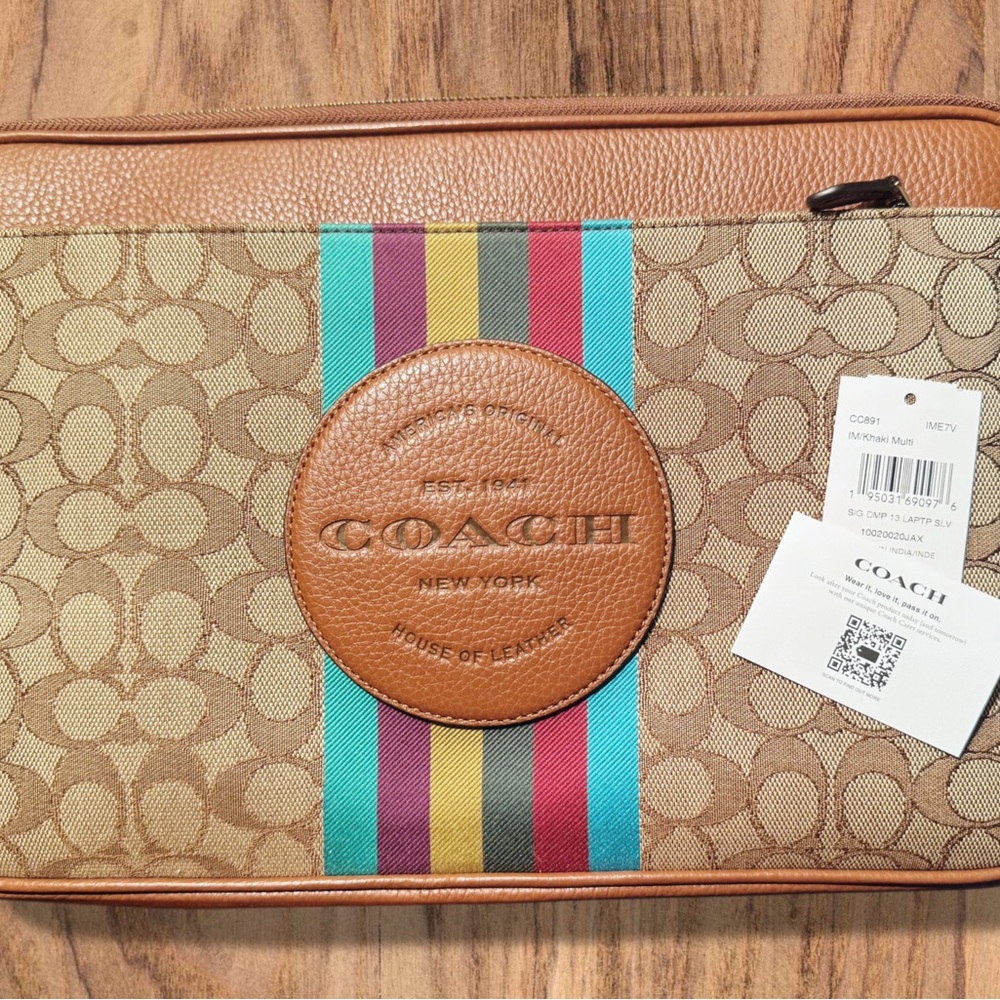 Coach Men's Brown Laptop Bag with Multicolor Stripes